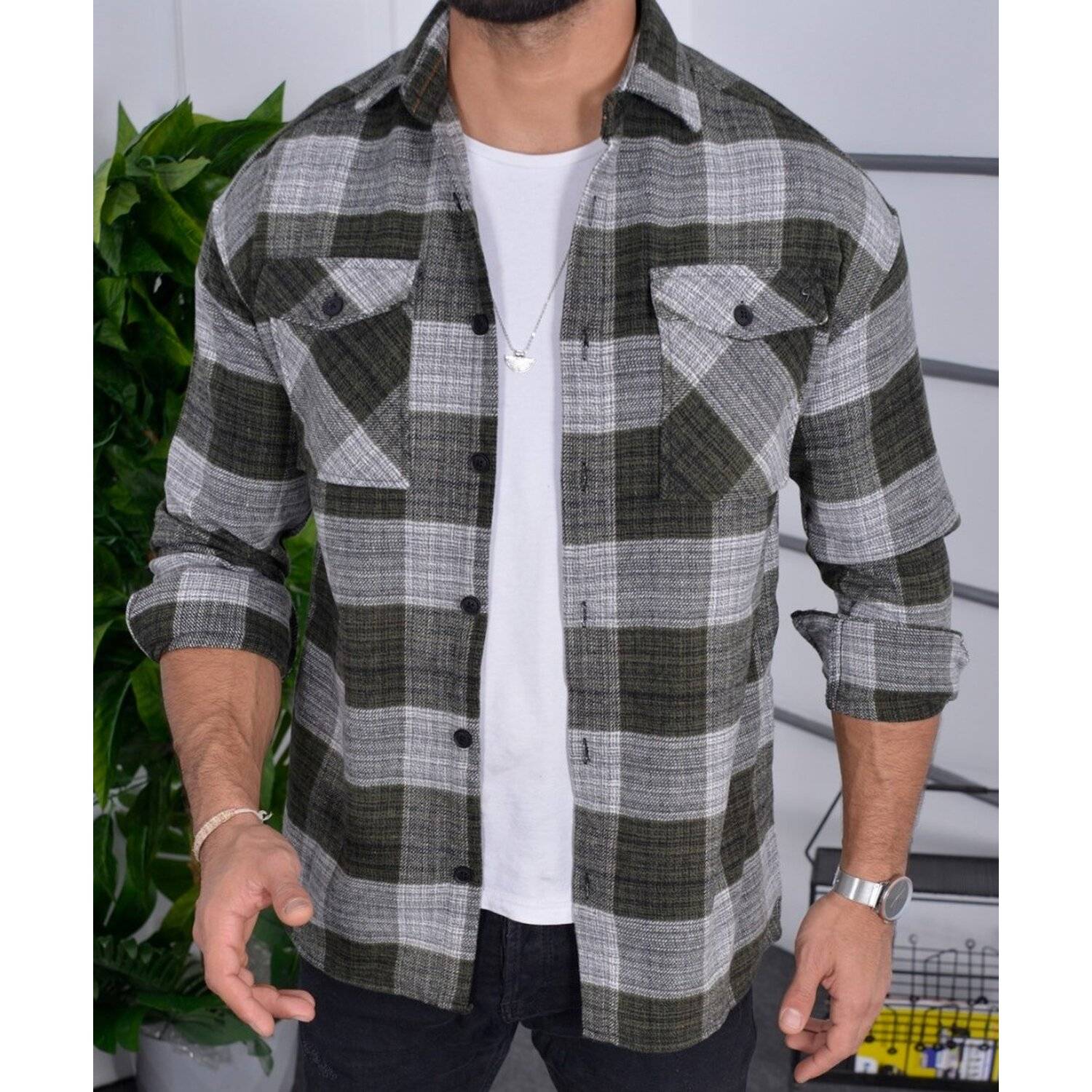 Flanellhemd H-263 Flanellhemd Kariert Hemd Holzfällerhemd Herren Holzfäller Baumwolle Navygrün XL