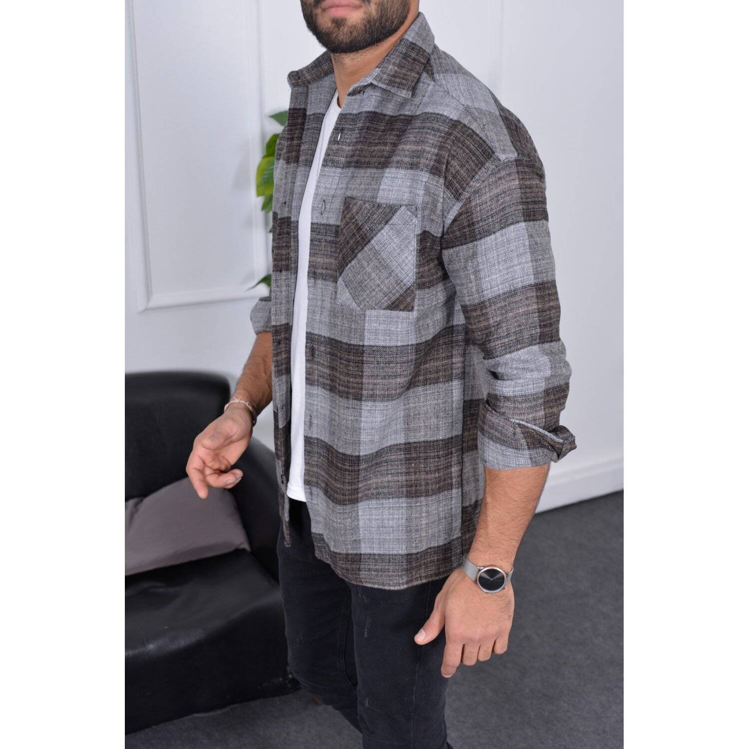 Flanellhemd H-264 Flanellhemd Kariert Hemd Holzfällerhemd Herren Holzfäller Baumwolle Brusttasche Grau M