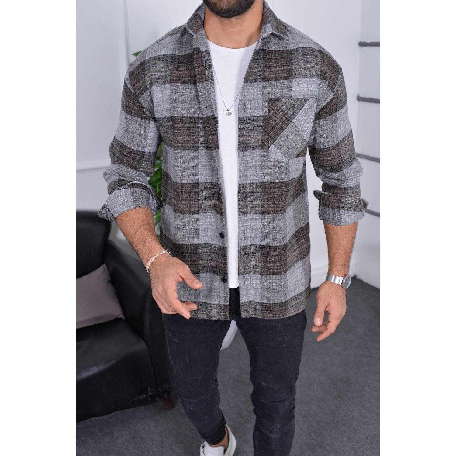 Flanellhemd H-264 Flanellhemd Kariert Hemd Holzfällerhemd Herren Holzfäller Baumwolle Brusttasche Grau L