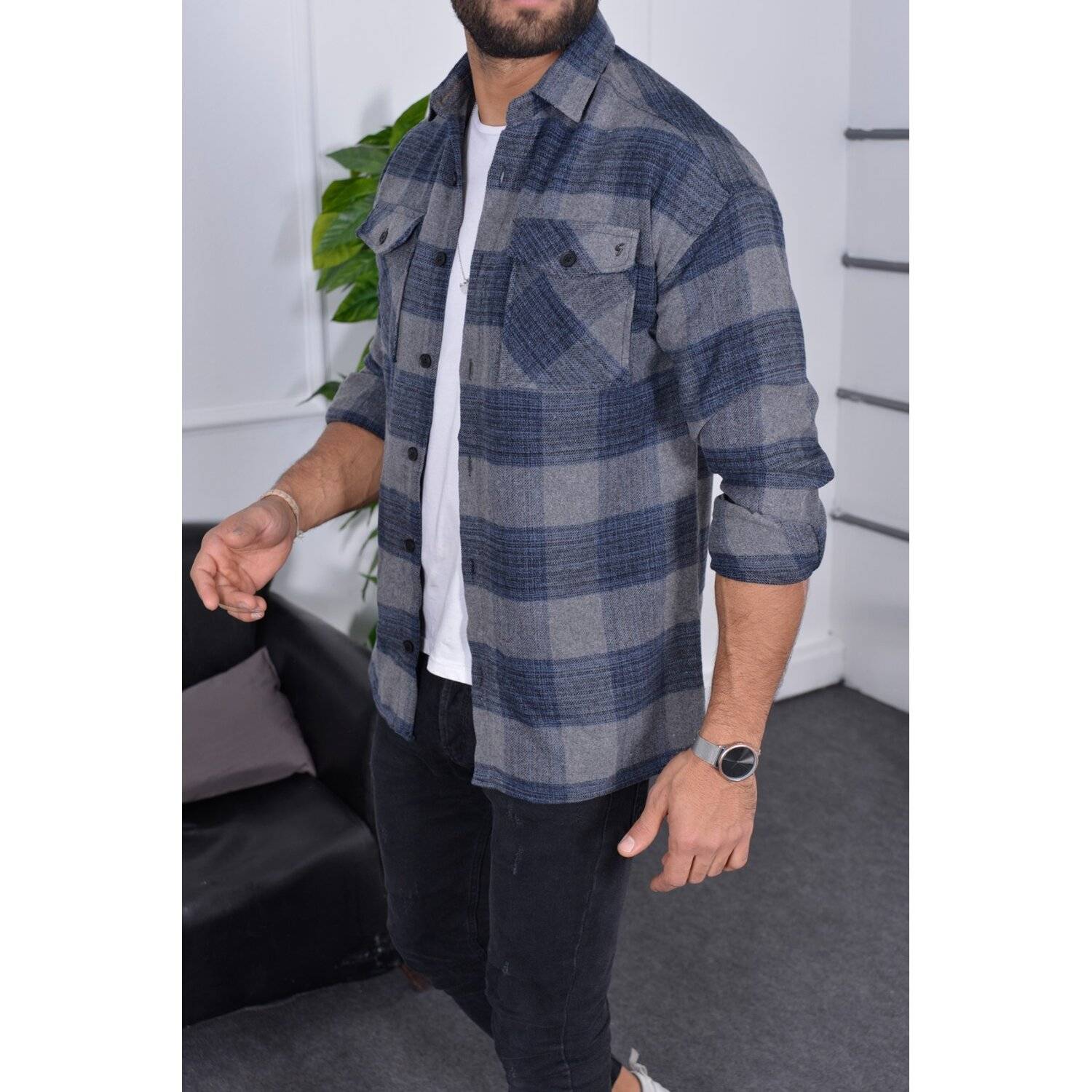 Flanellhemd H-265 Flanellhemd Kariert Hemd Holzfällerhemd Herren Holzfäller Baumwolle Brusttasche Grau M