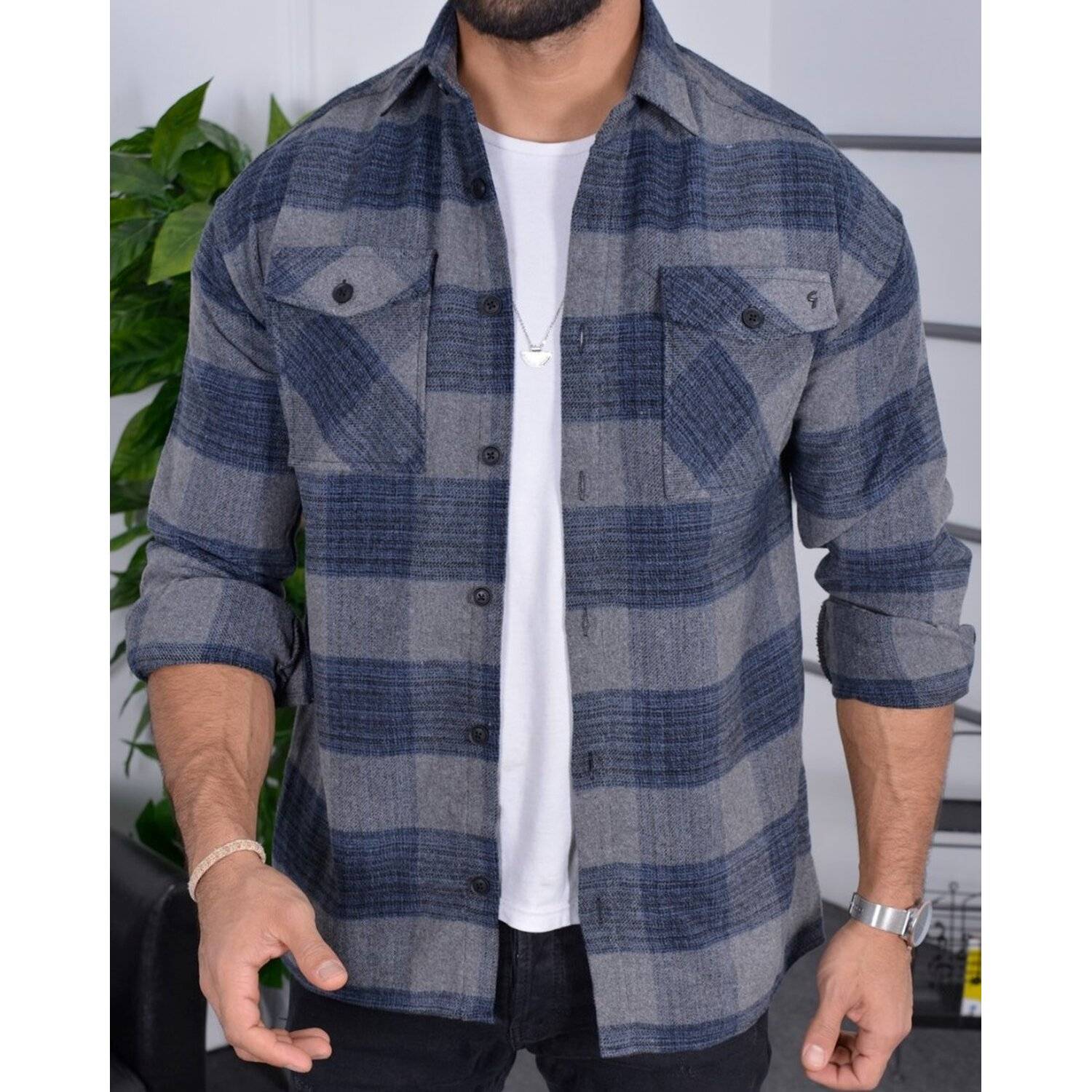 Flanellhemd H-265 Flanellhemd Kariert Hemd Holzfällerhemd Herren Holzfäller Baumwolle Brusttasche Grau M