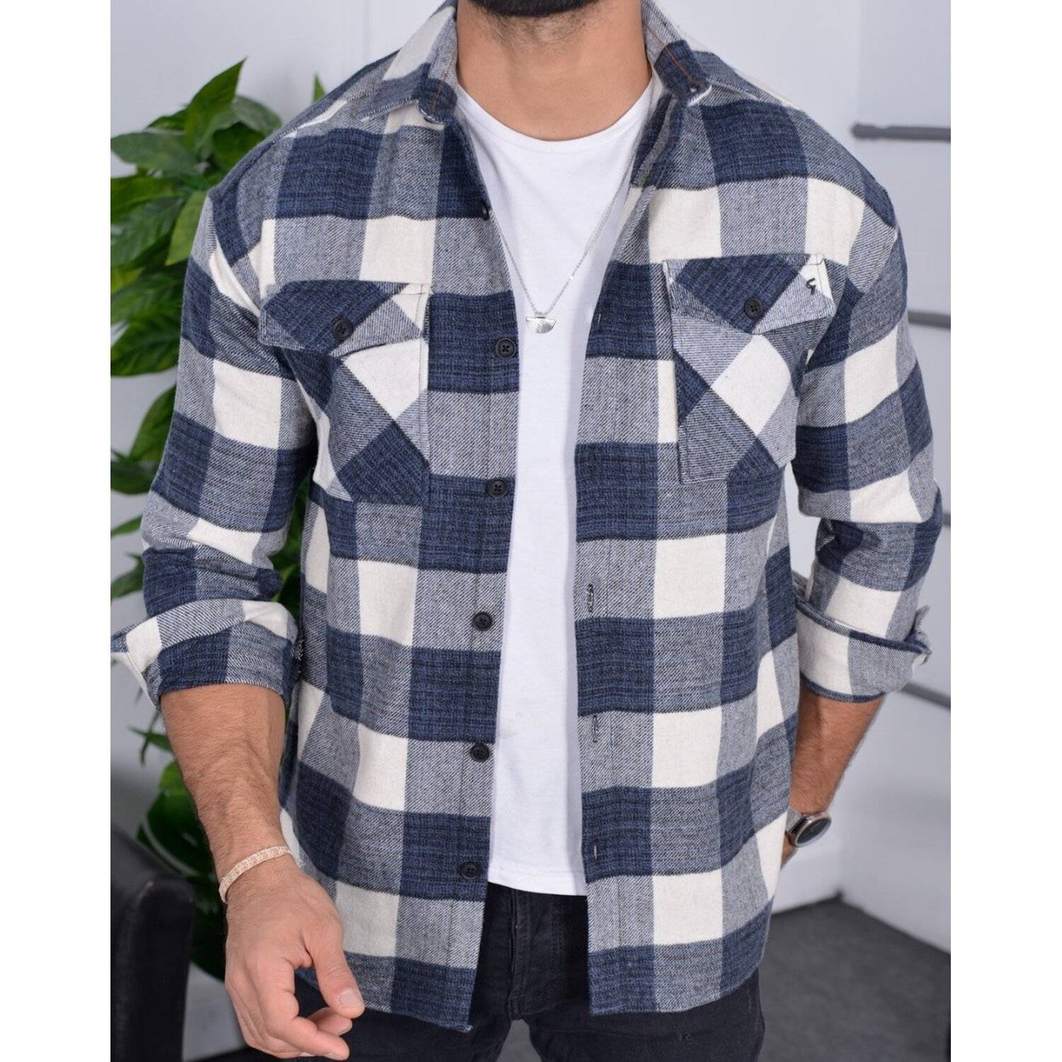 Flanellhemd H-265 Flanellhemd Kariert Hemd Holzfällerhemd Herren Holzfäller Baumwolle Brusttasche Blau L