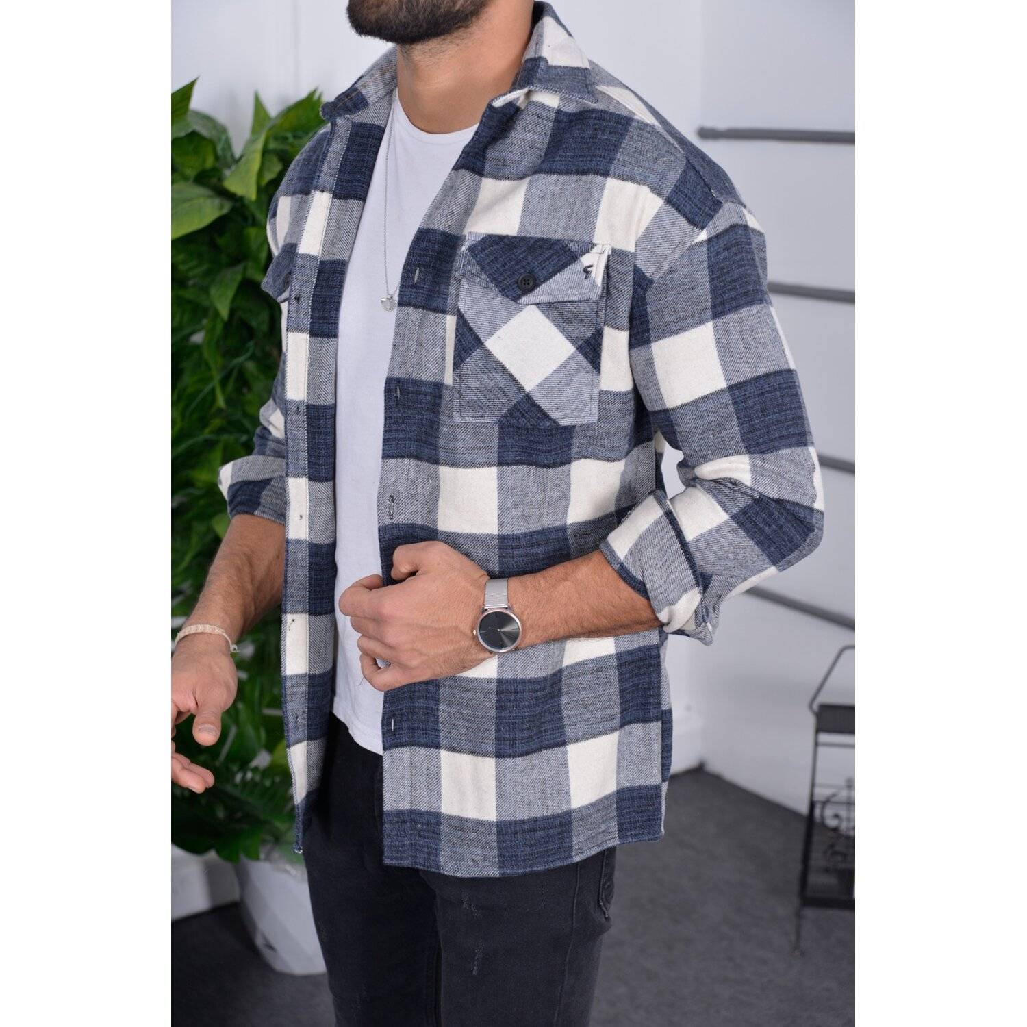 Flanellhemd H-265 Flanellhemd Kariert Hemd Holzfällerhemd Herren Holzfäller Baumwolle Brusttasche Blau L