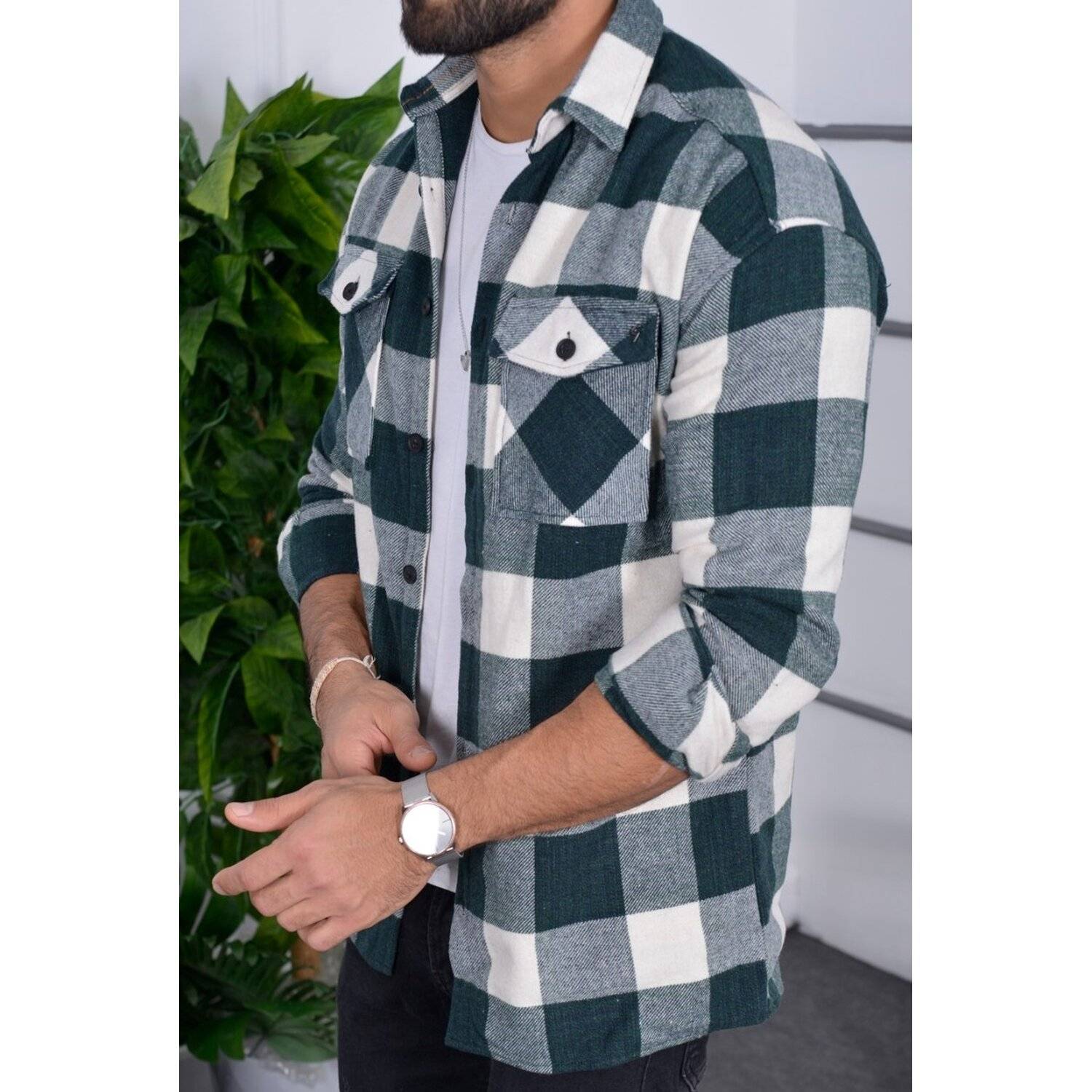 Flanellhemd H-265 Flanellhemd Kariert Hemd Holzfällerhemd Herren Holzfäller Baumwolle Brusttasche Grün M