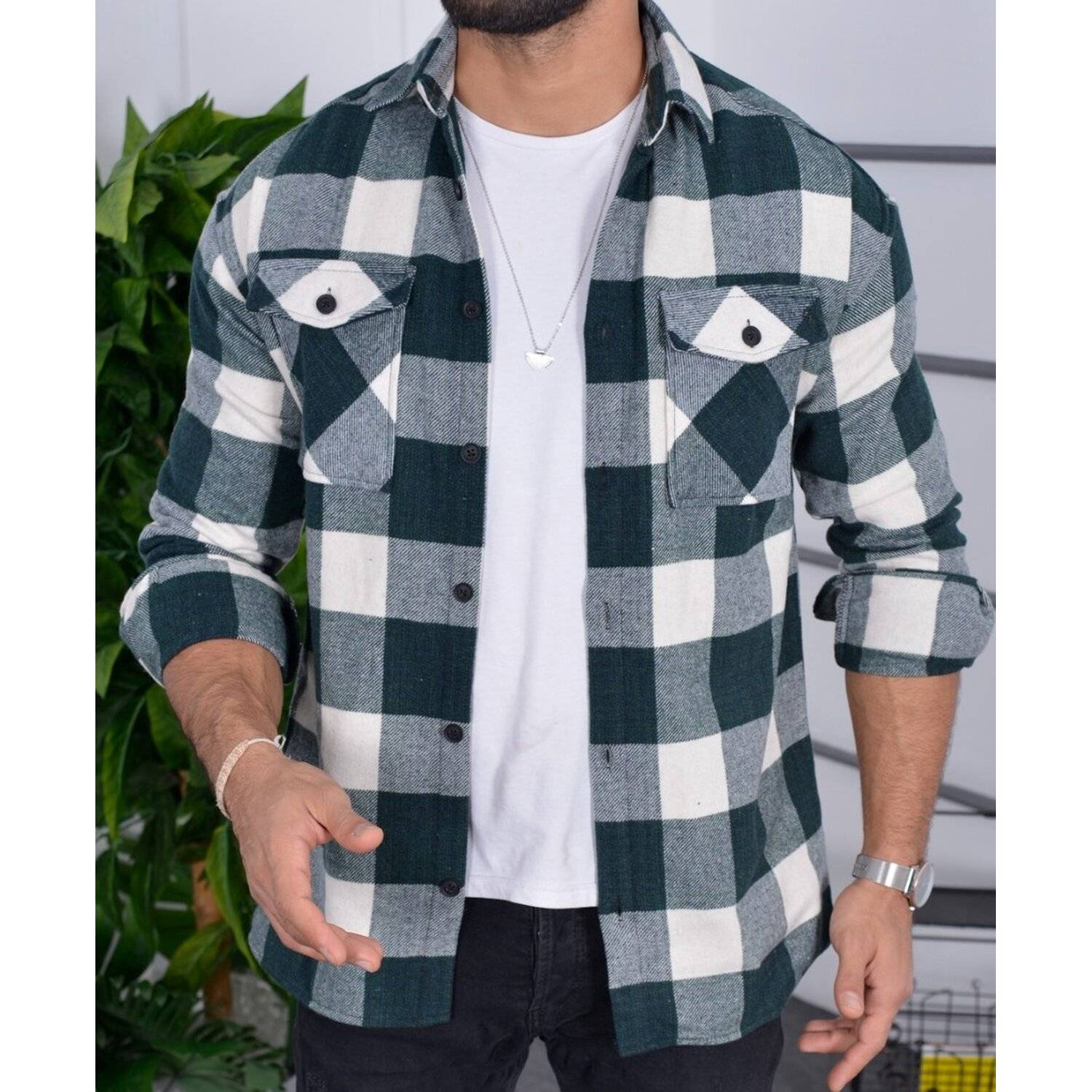 Flanellhemd H-265 Flanellhemd Kariert Hemd Holzfällerhemd Herren Holzfäller Baumwolle Brusttasche Grün M