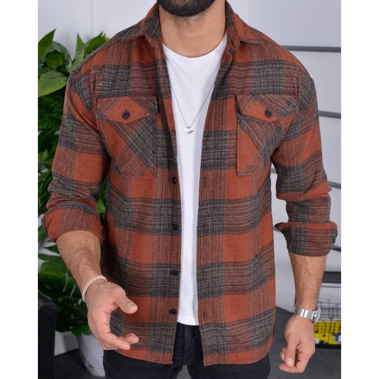 Flanellhemd H-265 Flanellhemd Kariert Hemd Holzfällerhemd Herren Holzfäller Baumwolle Brusttasche Orange XL