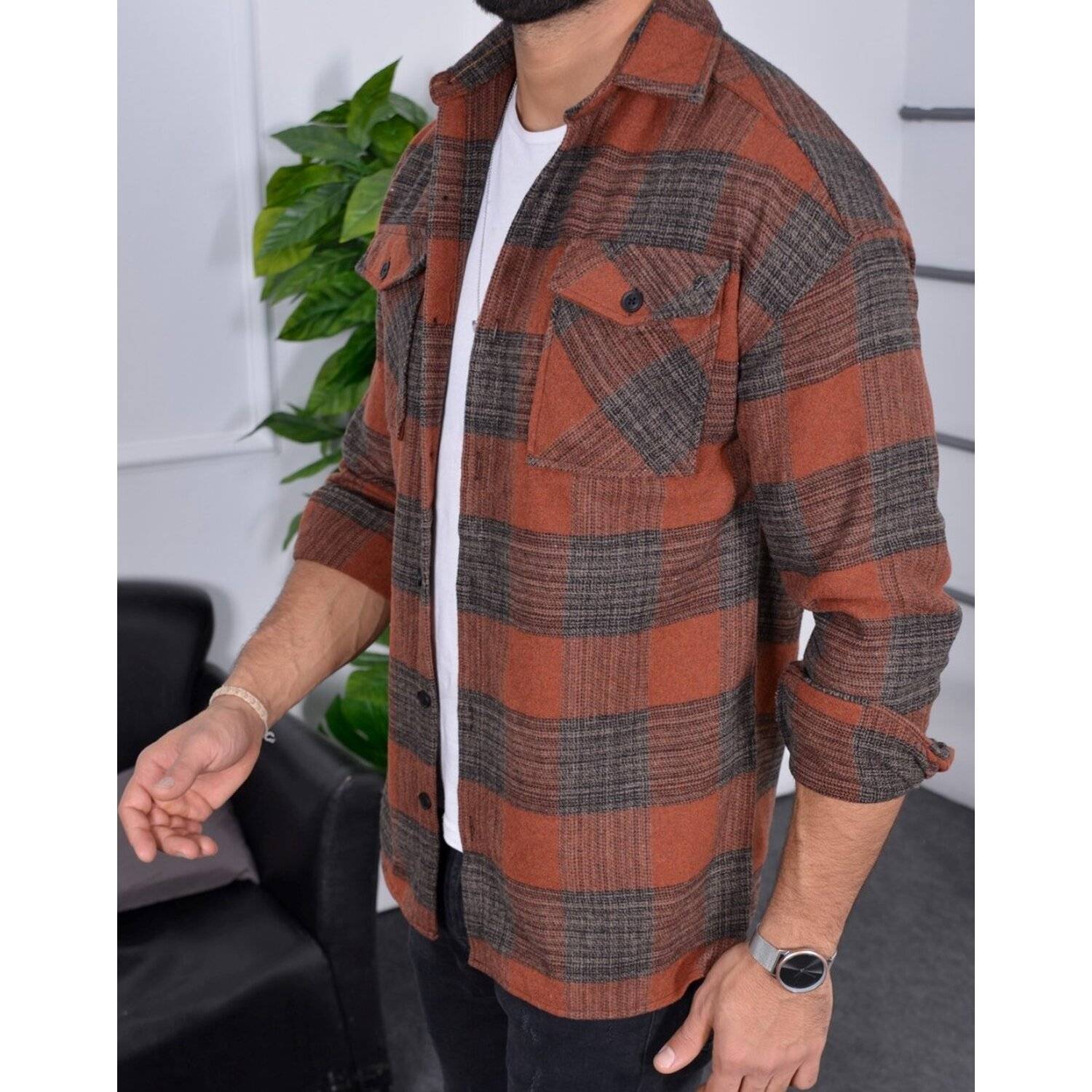 Flanellhemd H-265 Flanellhemd Kariert Hemd Holzfällerhemd Herren Holzfäller Baumwolle Brusttasche Orange XL