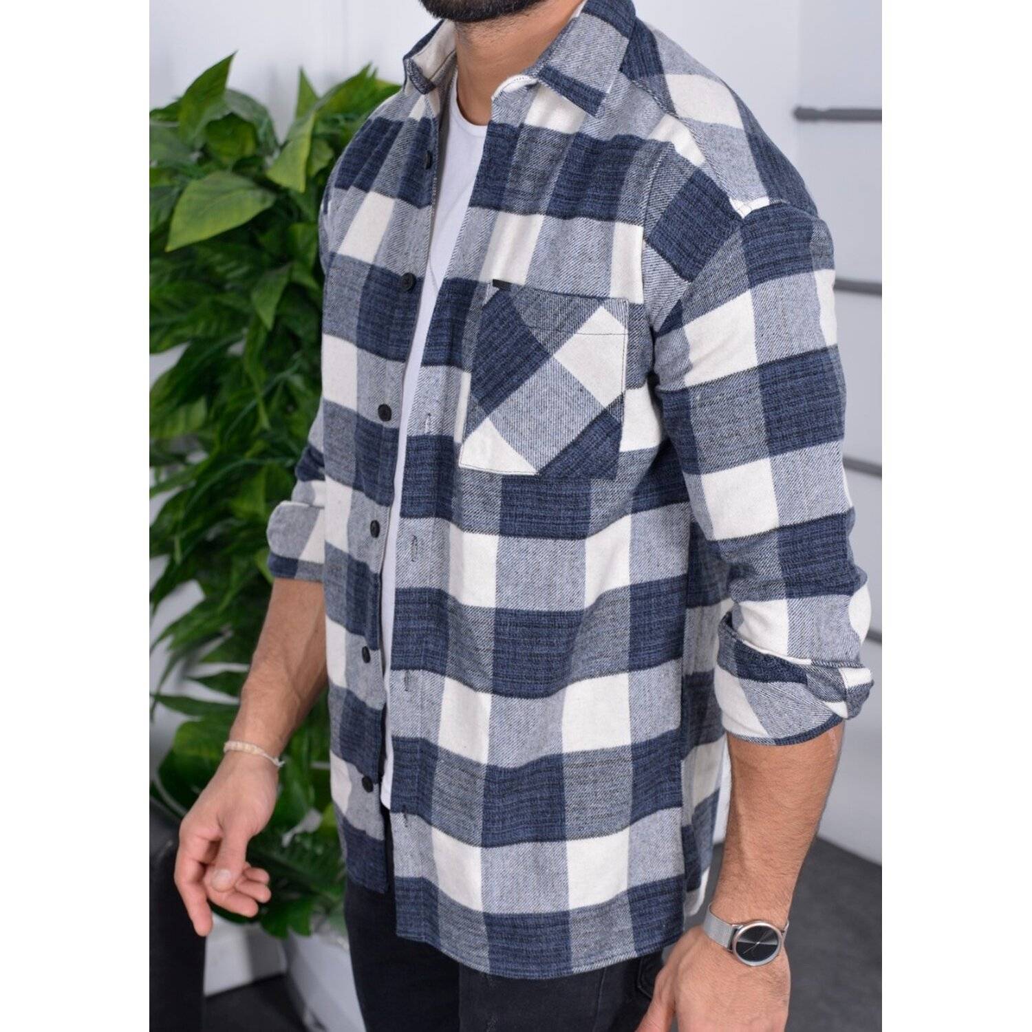 Flanellhemd H-266 Flanellhemd Kariert Hemd Holzfällerhemd Herren Holzfäller Baumwolle Brusttasche Blau 2XL