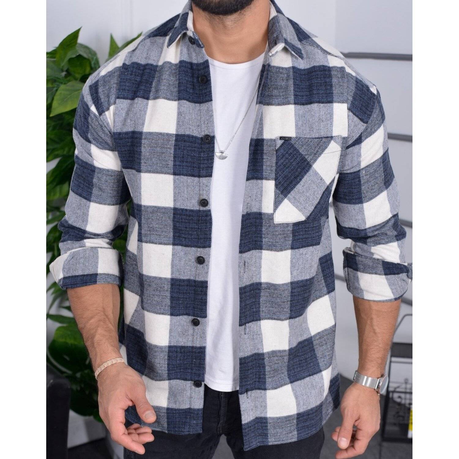 Flanellhemd H-266 Flanellhemd Kariert Hemd Holzfällerhemd Herren Holzfäller Baumwolle Brusttasche Blau 2XL