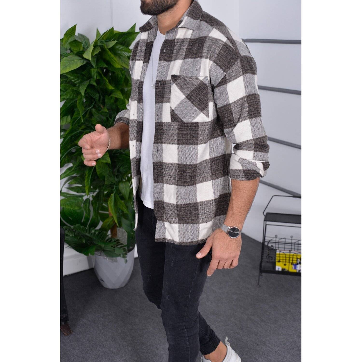 Flanellhemd H-266 Flanellhemd Kariert Hemd Holzfällerhemd Herren Holzfäller Baumwolle Brusttasche Braun 2XL