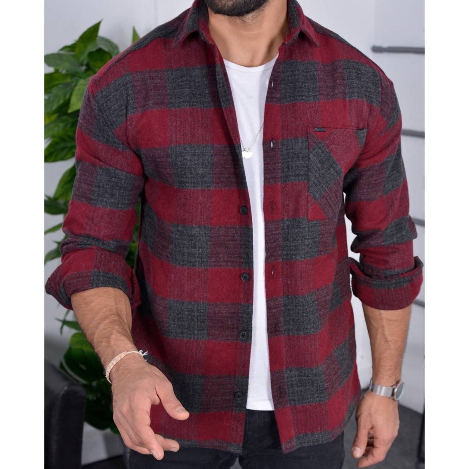 Flanellhemd H-266 Flanellhemd Kariert Hemd Holzfällerhemd Herren Holzfäller Baumwolle Brusttasche Bordeaux XL