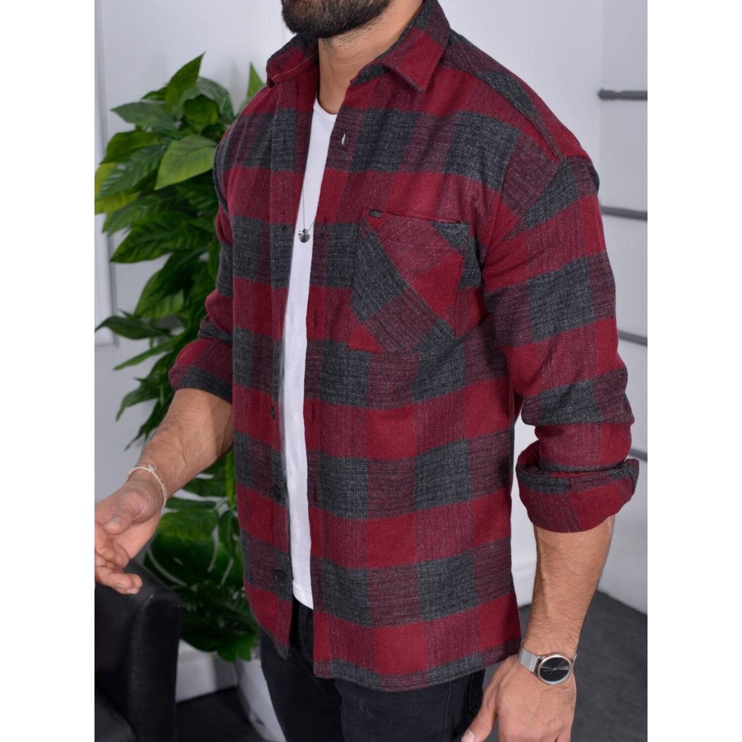 Flanellhemd H-266 Flanellhemd Kariert Hemd Holzfällerhemd Herren Holzfäller Baumwolle Brusttasche Bordeaux XL