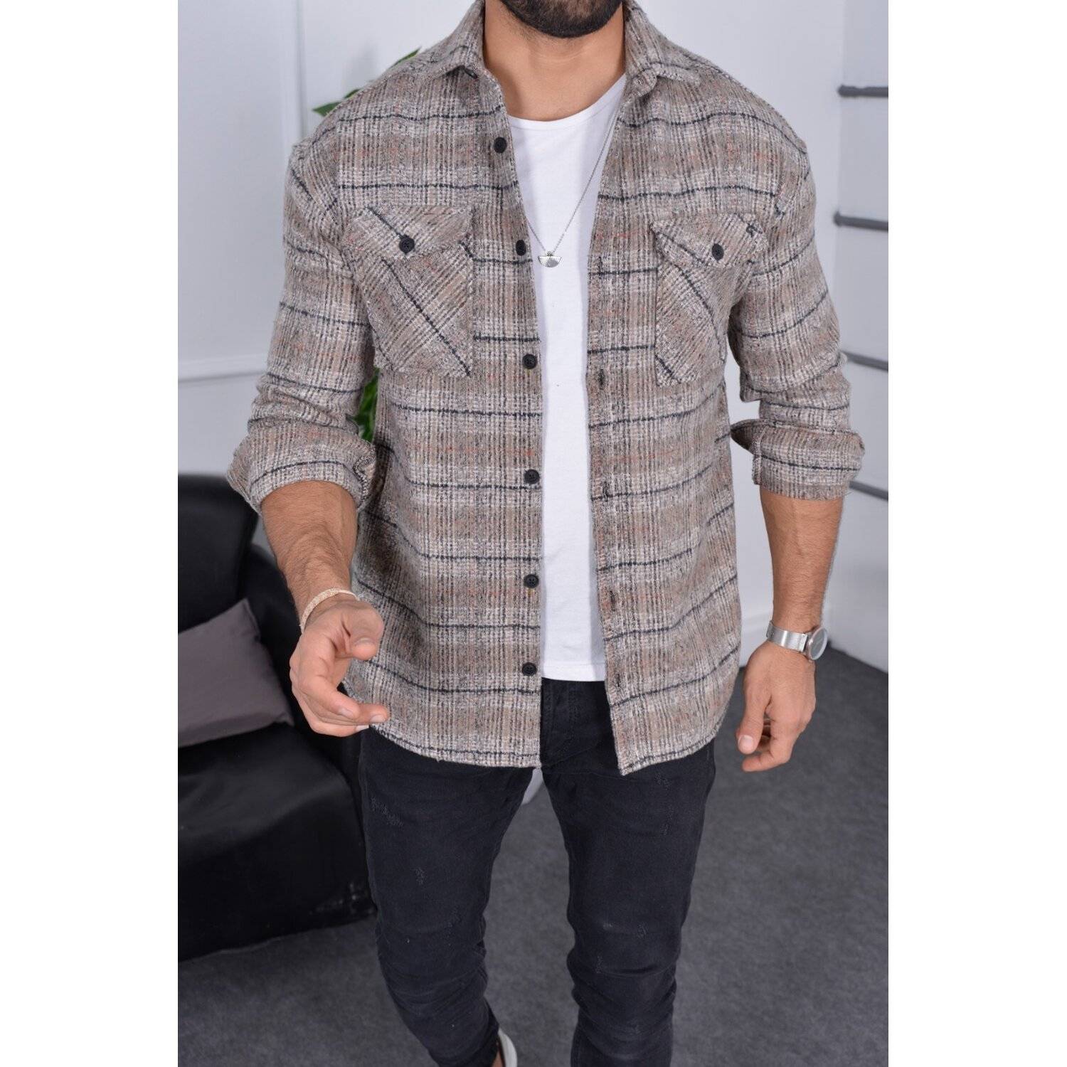 Flanellhemd H-267 Flanellhemd Kariert Hemd Holzfällerhemd Herren Holzfäller Baumwolle Brusttasche Beige L