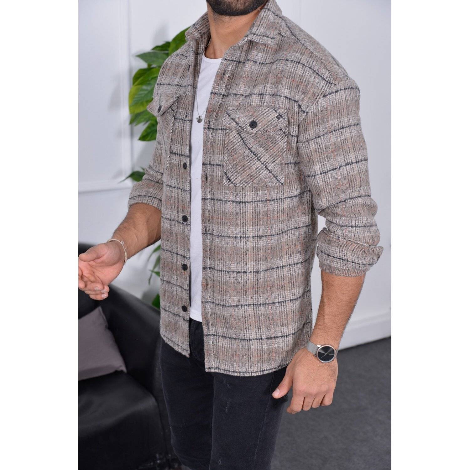 Flanellhemd H-267 Flanellhemd Kariert Hemd Holzfällerhemd Herren Holzfäller Baumwolle Brusttasche Beige 2XL