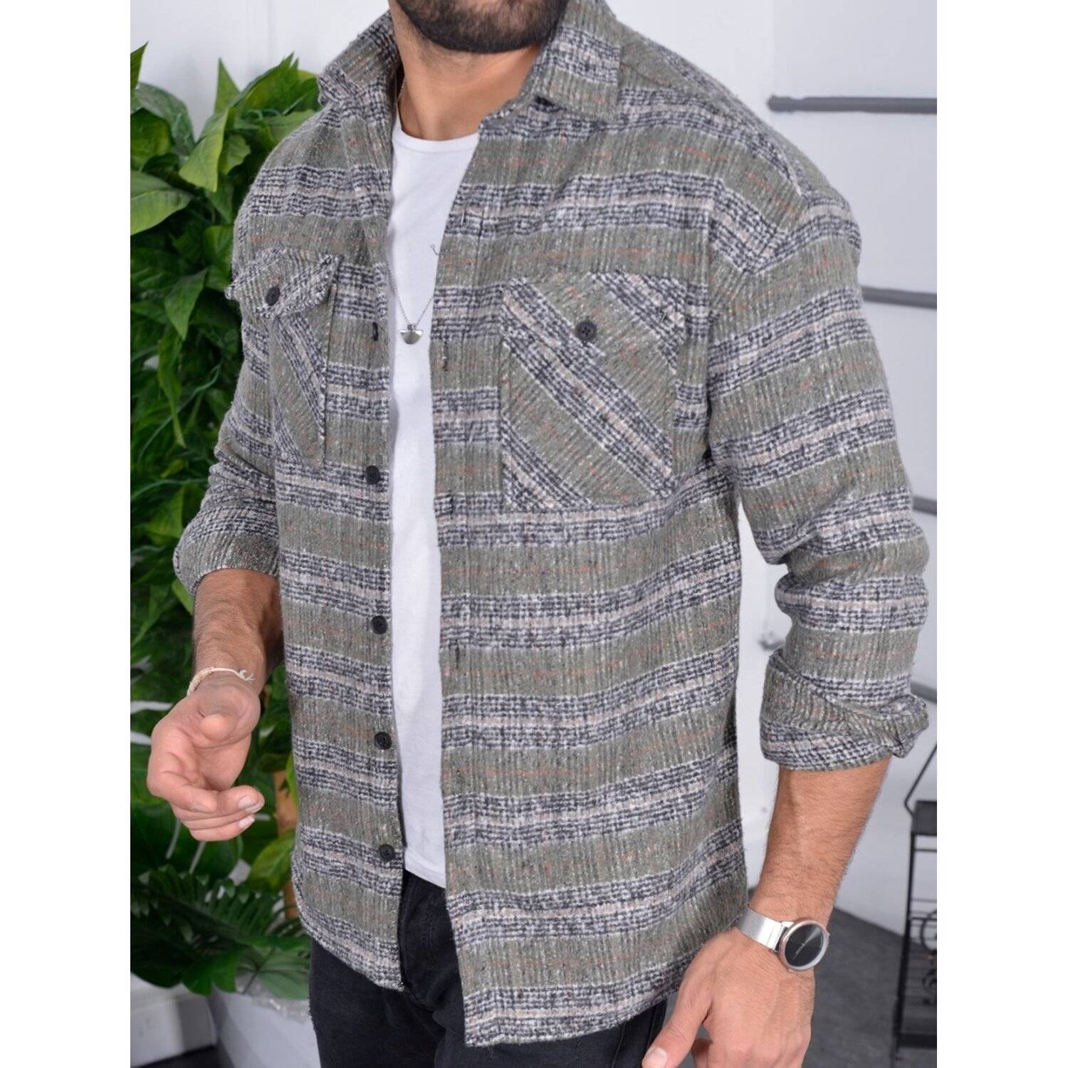 Flanellhemd H-267 Flanellhemd Kariert Hemd Holzfällerhemd Herren Holzfäller Baumwolle Brusttasche Grün L