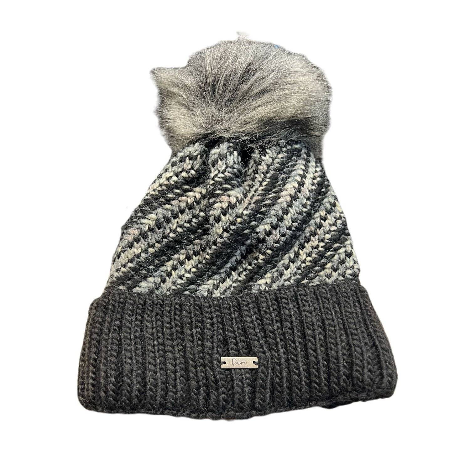 Faera Wintermütze warm gefüttert mit Kunstfell Bommel-Mütze Fleece-Futter Beanie Damen Herren One-Size 620042 Schwarz