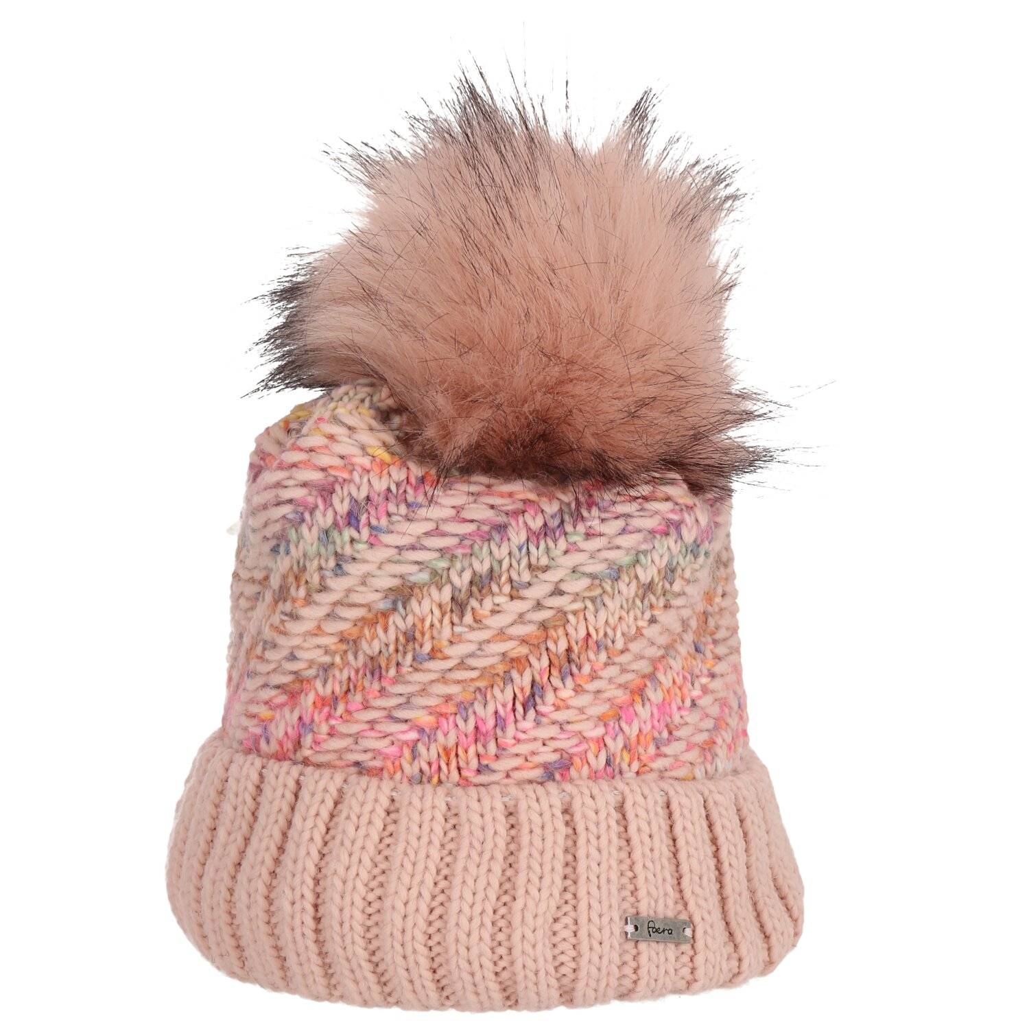 Faera Wintermütze warm gefüttert mit Kunstfell Bommel-Mütze Fleece-Futter Winter Strick-Mütze Damen Herren One-Size Rosa