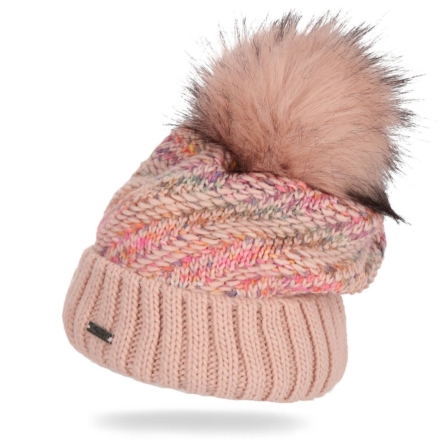 Faera Wintermütze warm gefüttert mit Kunstfell Bommel-Mütze Fleece-Futter Winter Strick-Mütze Damen Herren One-Size Rosa