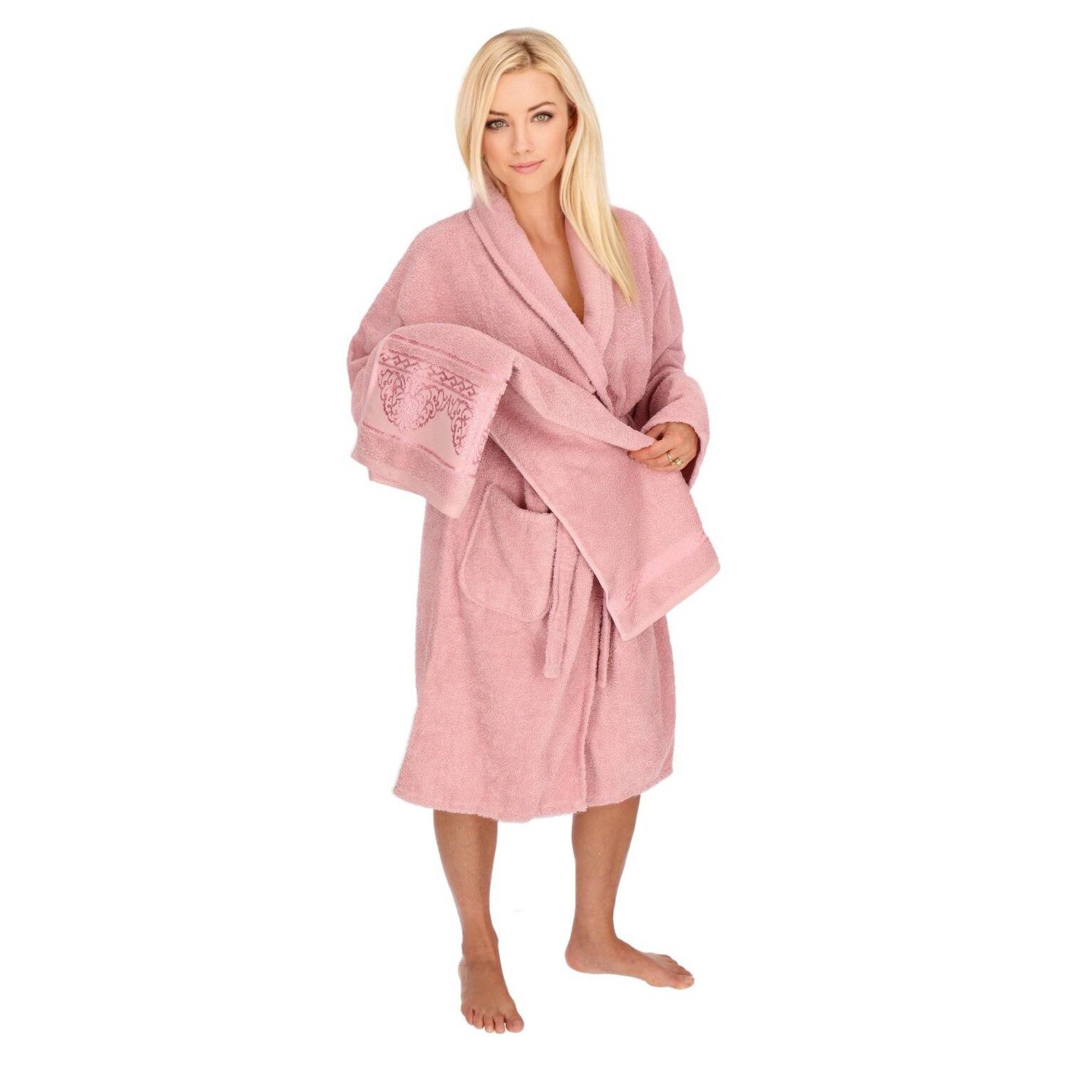 2-teilig Bademantelset Damen 100% Baumwolle Einheitsgröße mit Handtuch 2 Taschen Gürtel Cotton Sauna Pink