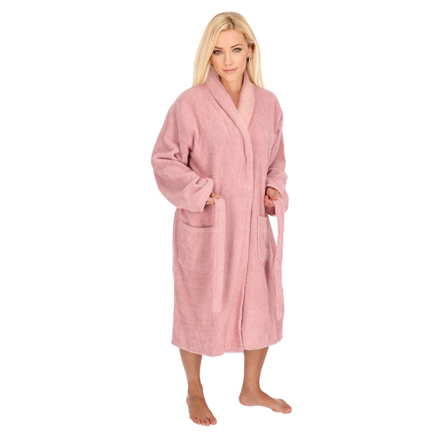 2-teilig Bademantelset Damen 100% Baumwolle Einheitsgröße mit Handtuch 2 Taschen Gürtel Cotton Sauna Pink