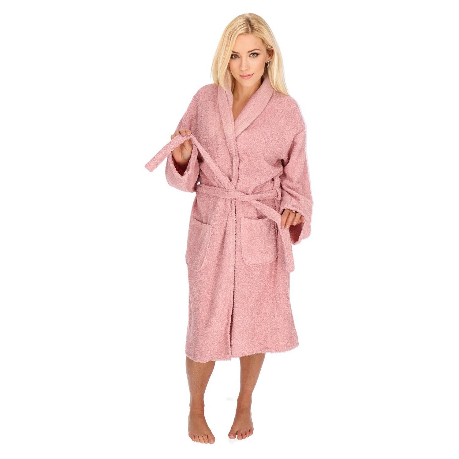 2-teilig Bademantelset Damen 100% Baumwolle Einheitsgröße mit Handtuch 2 Taschen Gürtel Cotton Sauna Pink