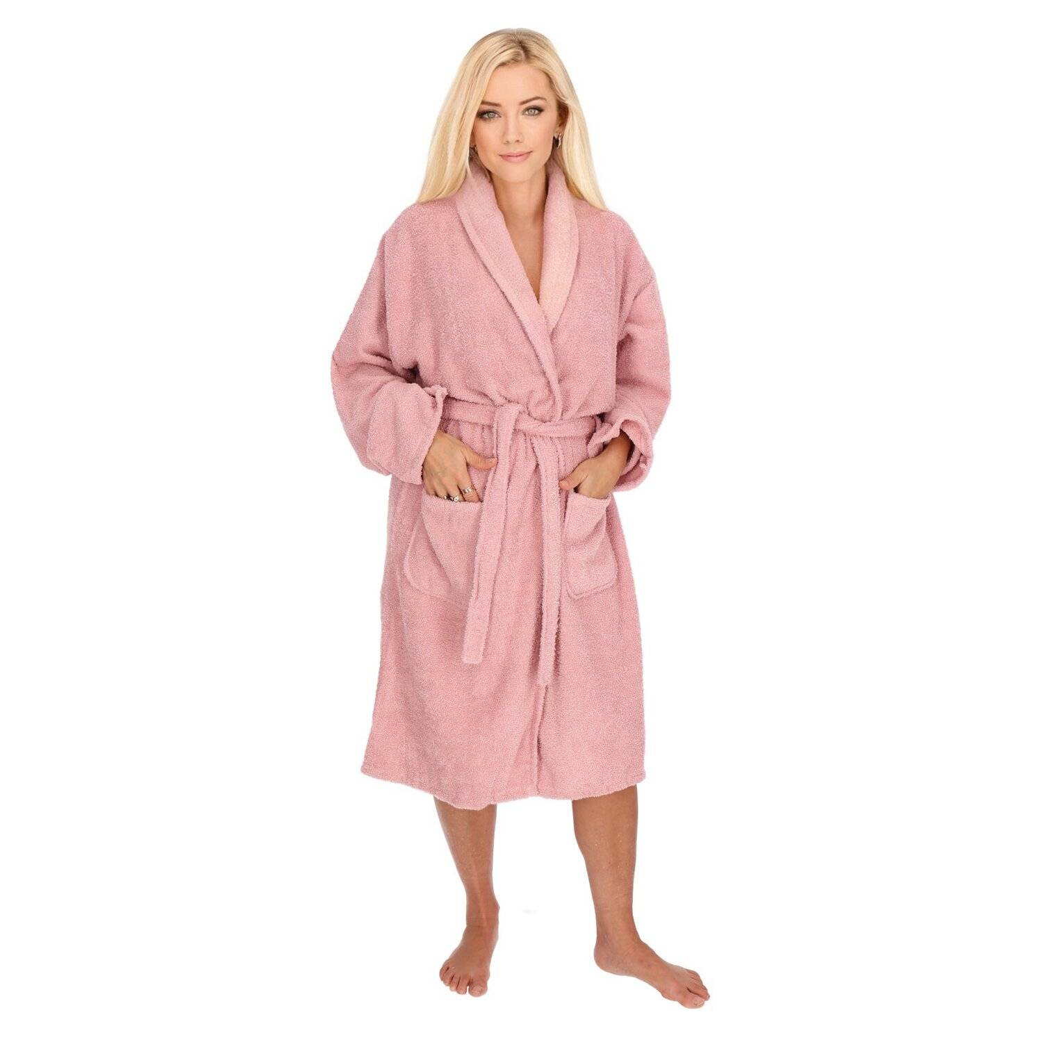 2-teilig Bademantelset Damen 100% Baumwolle Einheitsgröße mit Handtuch 2 Taschen Gürtel Cotton Sauna Pink