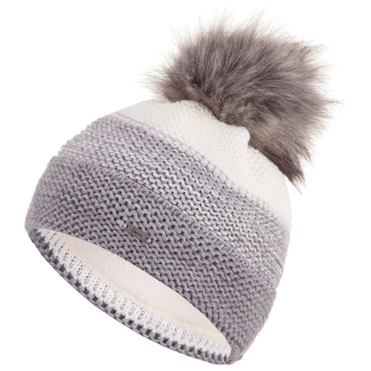 Faera Wintermütze warm gefüttert mit Fleece-Futter Kunstfell Bommel-Mütze Beanie-Mütze Damen Herren One-Size 12 Grau
