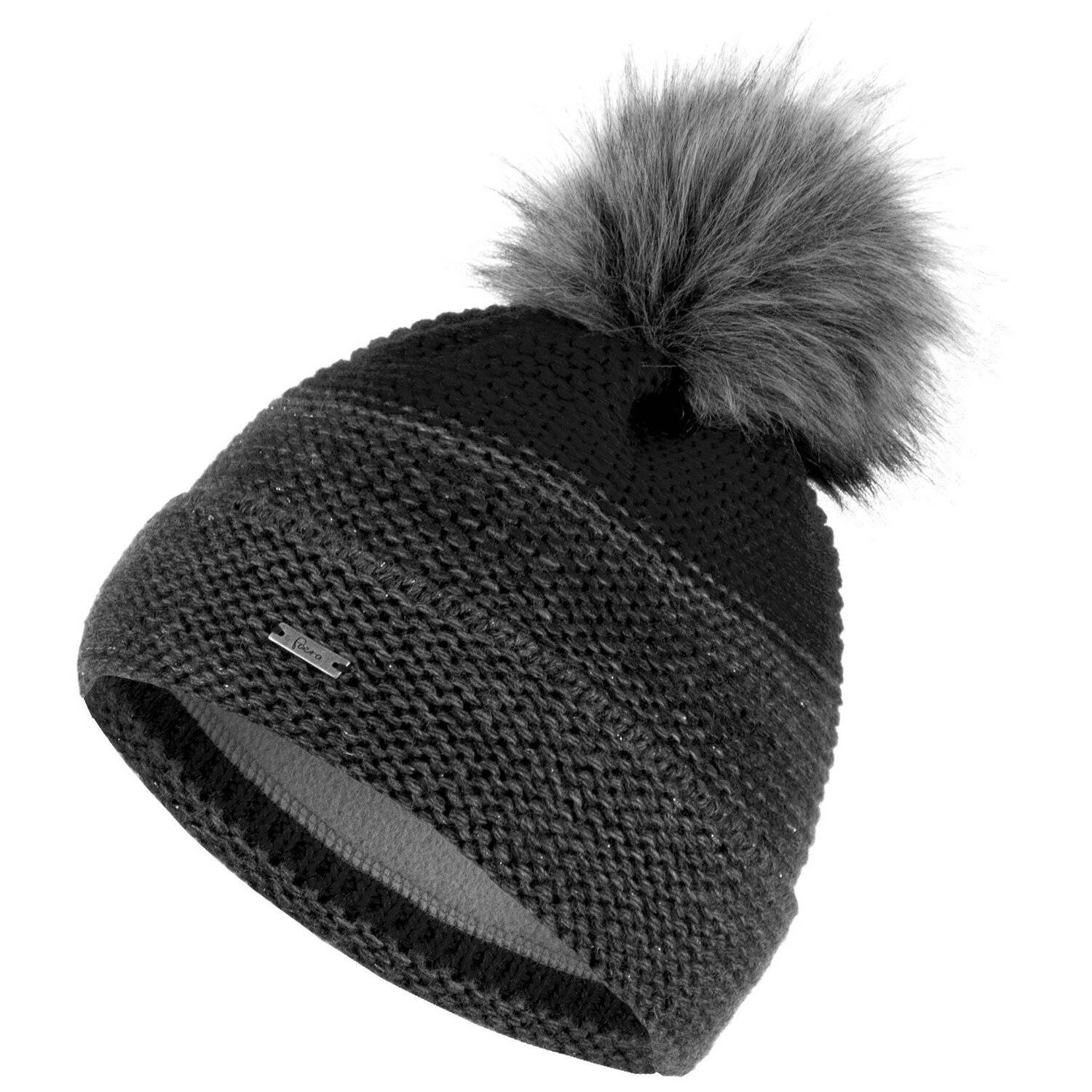Faera Wintermütze warm gefüttert mit Fleece-Futter Kunstfell Bommel-Mütze Beanie-Mütze Damen Herren One-Size 12 Schwarz