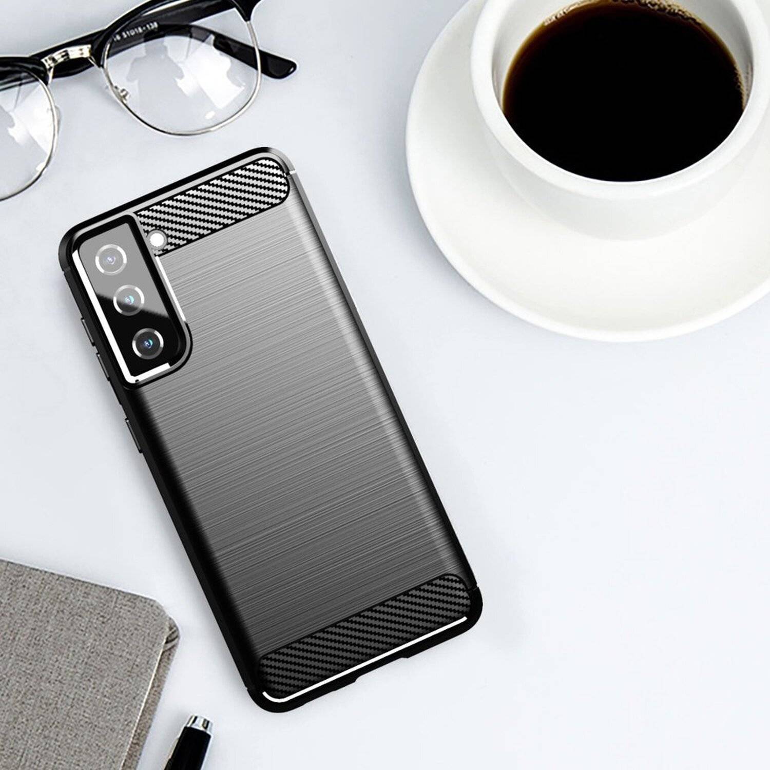 Silikon Hülle Bumper Carbon für SAMSUNG GALAXY S21 FE Case TPU Soft Handyhülle Cover Schutzhülle Schwarz