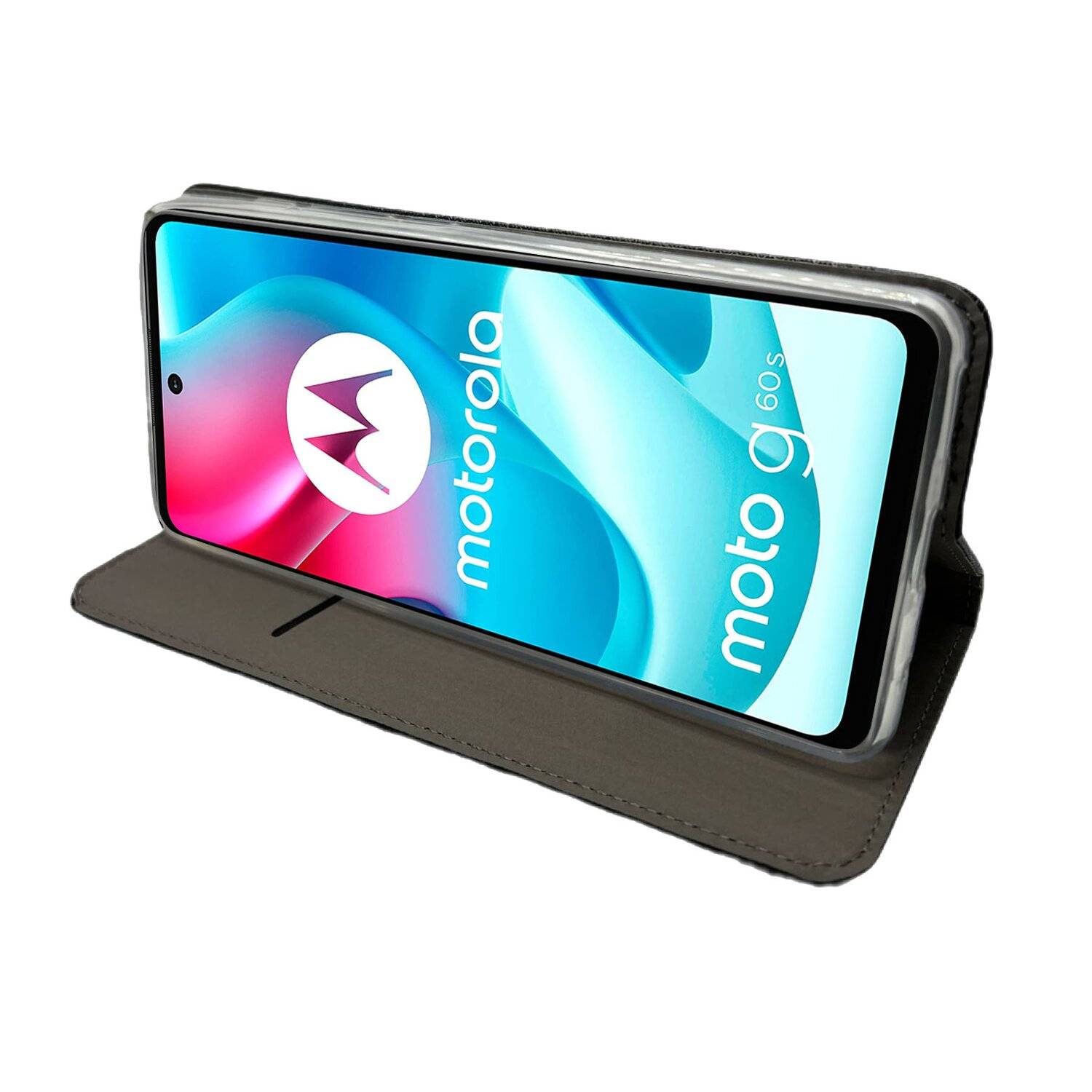 Elegante Buch-Tasche Hülle Smart Magnet für MOTOROLA MOTO G60S Leder Optik Wallet Book-Style Cover Schale in Schwarz