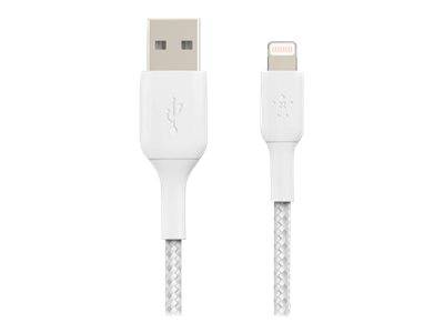 Weißes USB-A-zu-Lightning-Ladekabel mit beiden sichtbaren Steckerenden auf weißem Hintergrund.