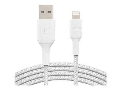 Weißes USB-zu-Lightning-Ladekabel, aufgerollt dargestellt, mit einem USB-A-Anschluss an einem Ende und einem Apple-Lightning-Anschluss am anderen Ende.