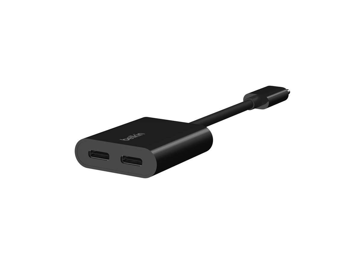 Schwarzer USB-C-Adapter mit zwei USB-C-Anschlüssen und einem kurzen angebrachten Verbindungskabel auf weißem Hintergrund