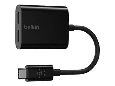 Schwarzer Belkin USB-C-Adapter/Dongle mit kurzem Kabel und einem USB-C-Stecker, gezeigt auf weißem Hintergrund.