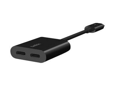 Schwarzer USB-C-Adapter-Dongle mit zwei weiblichen USB-C-Anschlüssen und einem männlichen USB-C-Stecker auf einem kurzen Kabel.