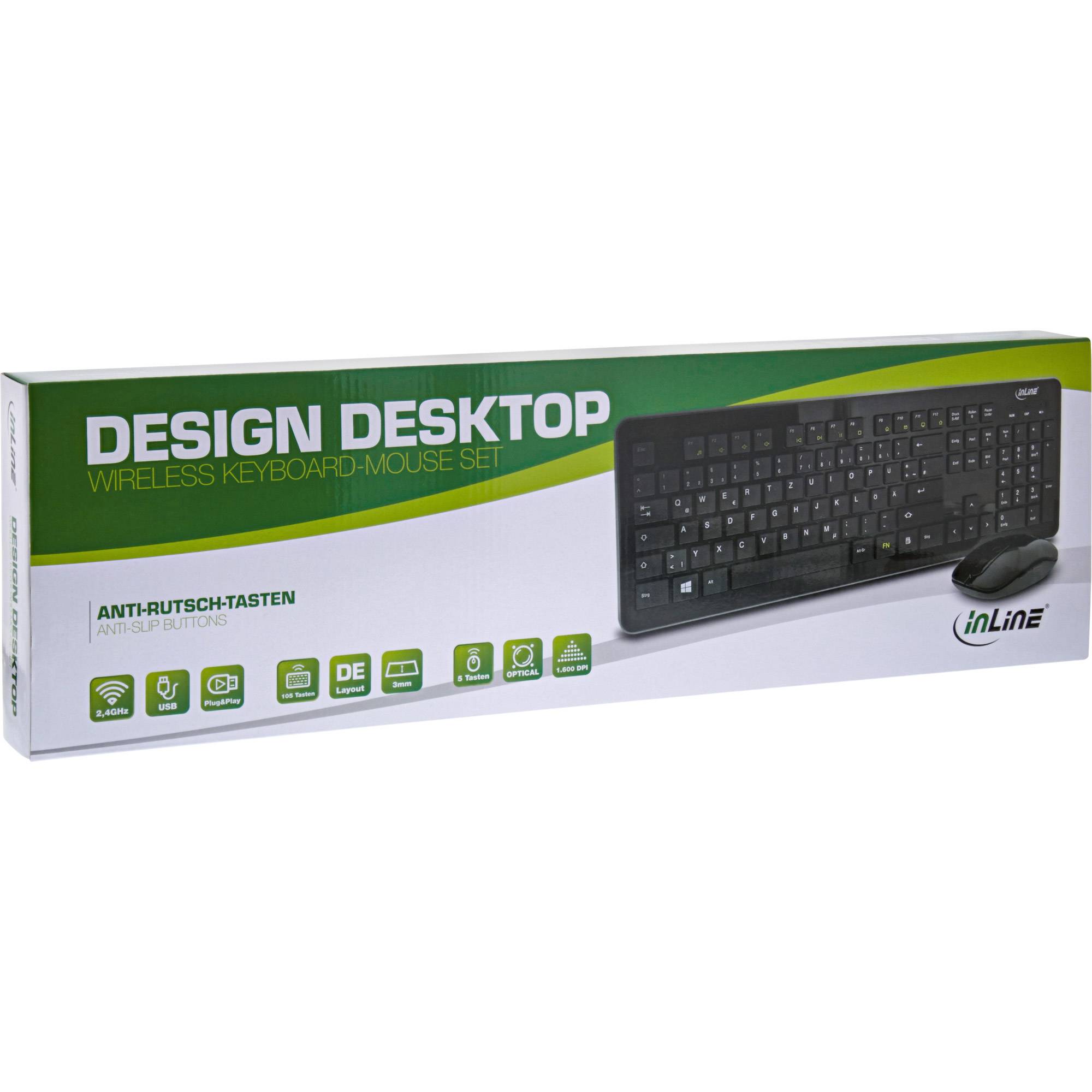 INLINE - Design Desktop - Tast.-Maus Set - USB 2,4GHz - max. 1600dpi - schwarz