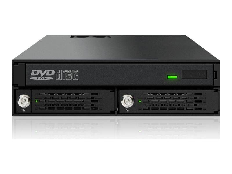 Vorderansicht eines schwarzen DVD-ROM-Laufwerks mit zwei vorderen Schächten, jeweils mit einem Verriegelungsknopf und grünen Anzeigelichtern.