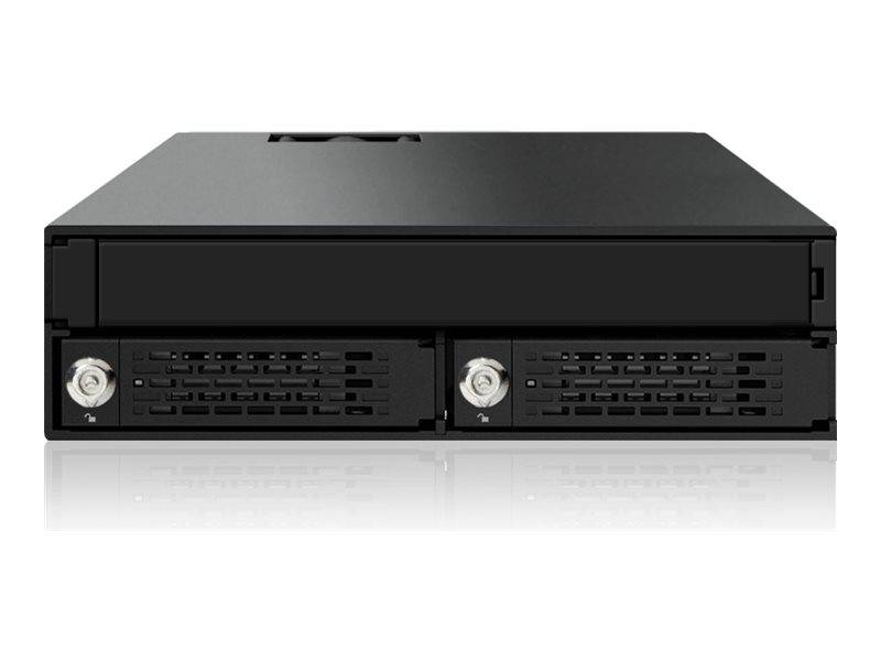 Schwarzes Rack-Mount-Server-Speichergerät mit zwei vorderen Antriebsschächten und silbernen Verriegelungsverschlüssen, gezeigt auf weißem Hintergrund.