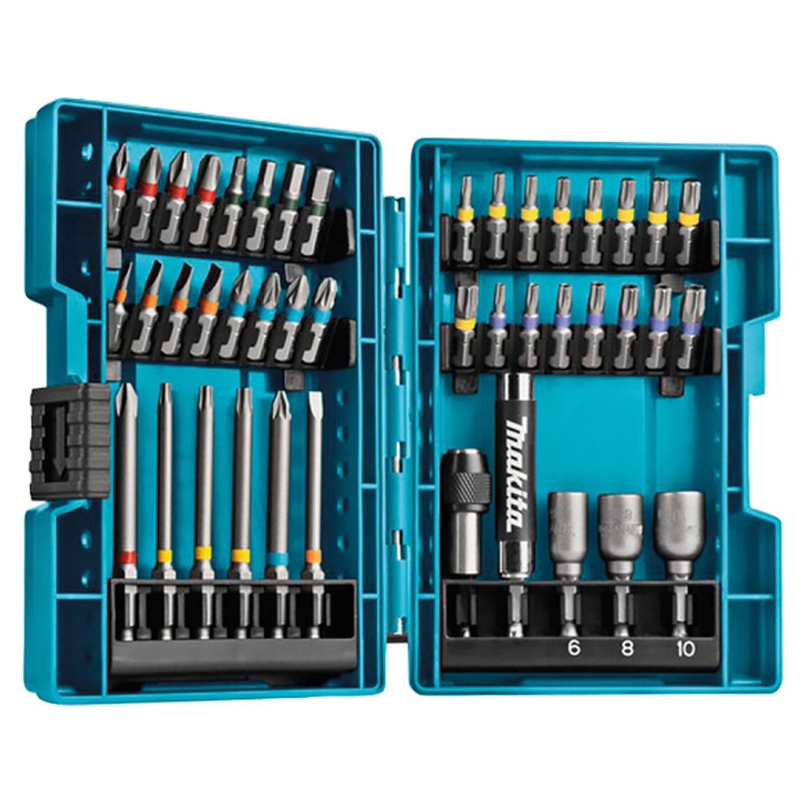Geöffnete Werkzeugbox mit verschiedenen Schraubenziehereinsätzen und Steckschlüsseln, die in einem blauen Kunststoffkoffer organisiert sind.