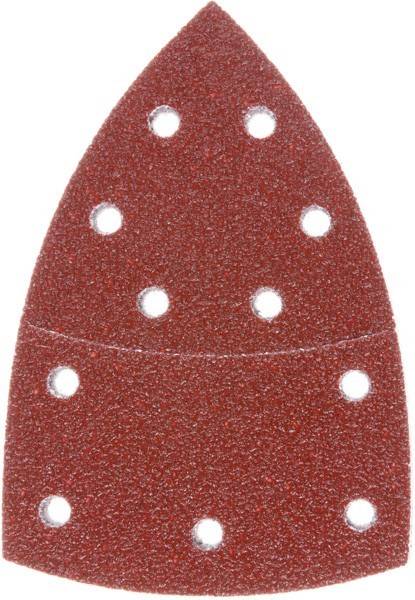 Ein rotes dreieckiges Schleifpapierblatt mit Löchern, die in zwei Reihen angeordnet sind, das für Detailschleifer entwickelt wurde, um Oberflächen zu glätten.