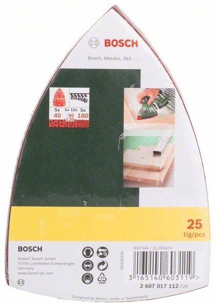 Packung Bosch-Schleifblätter mit einem Bild eines bügeleisenartig geformten Werkzeugs, das Holz schleift. Enthält 25 Stück in verschiedenen Körnungen.