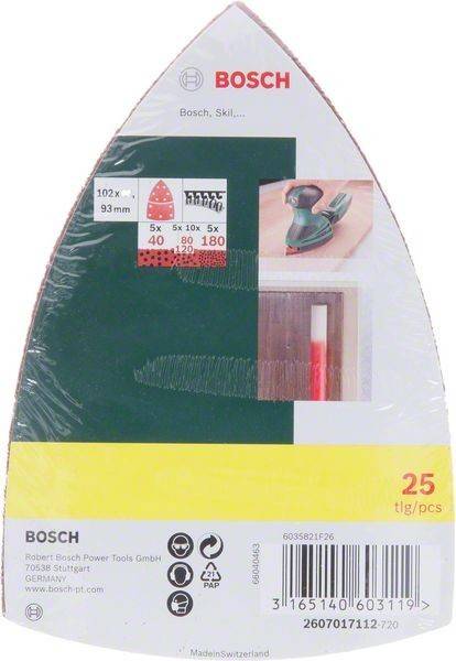 Schleifpapier-Sortimentspack, kompatibel mit Bosch- und Skil-Werkzeugen. Enthält 25 Stück in den Körnungen 40, 80, 120, 180. Geeignet für Holz.