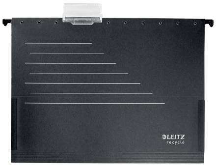Schwarze Leitz Recycle Hängemappe mit Metallclip und diagonalen Beschriftungslinien, Vorderansicht dargestellt.