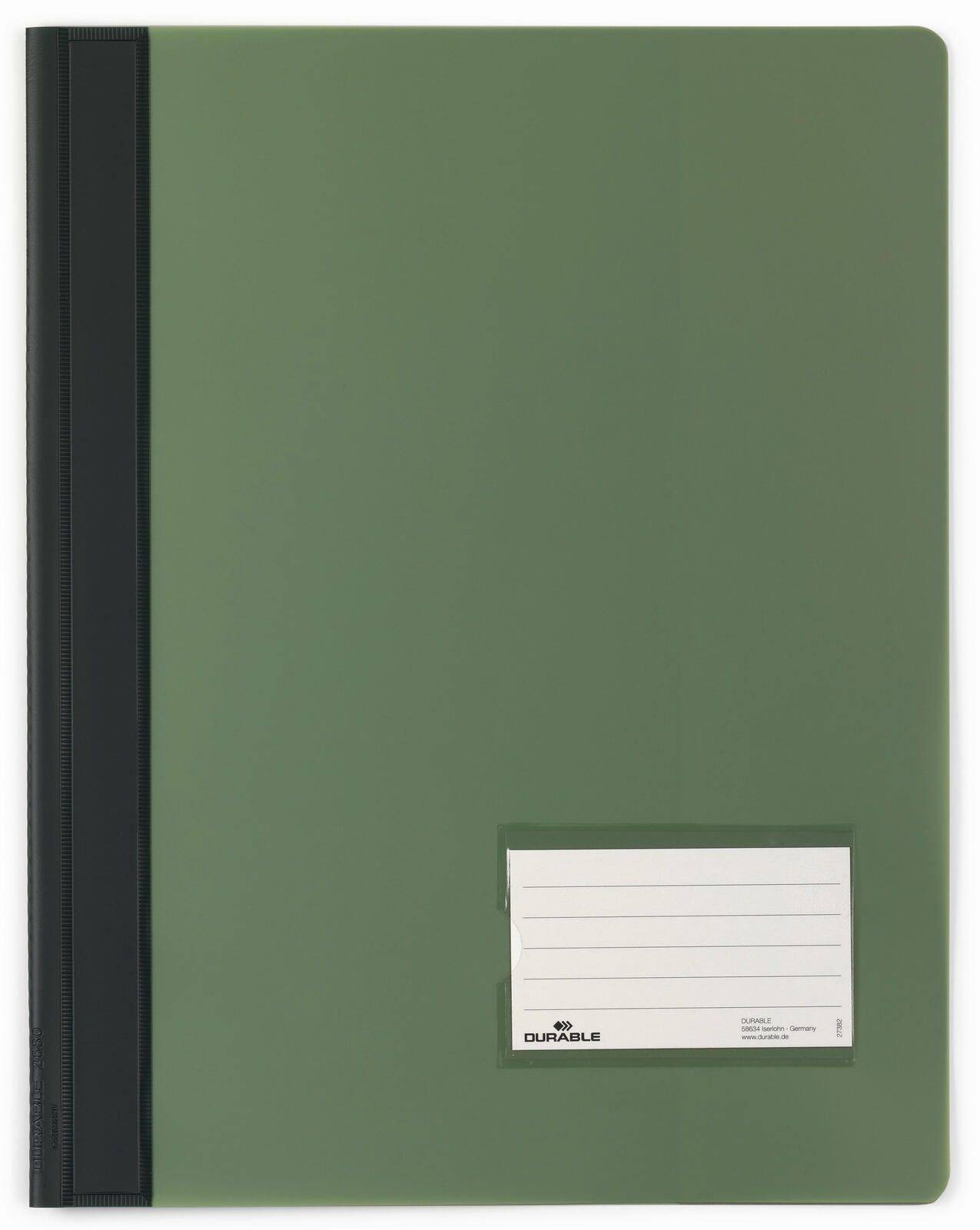 Ein grüner Hefter mit einem schwarzen Rücken und einem weißen Etikett auf der Vorderseite, auf dem unten links 