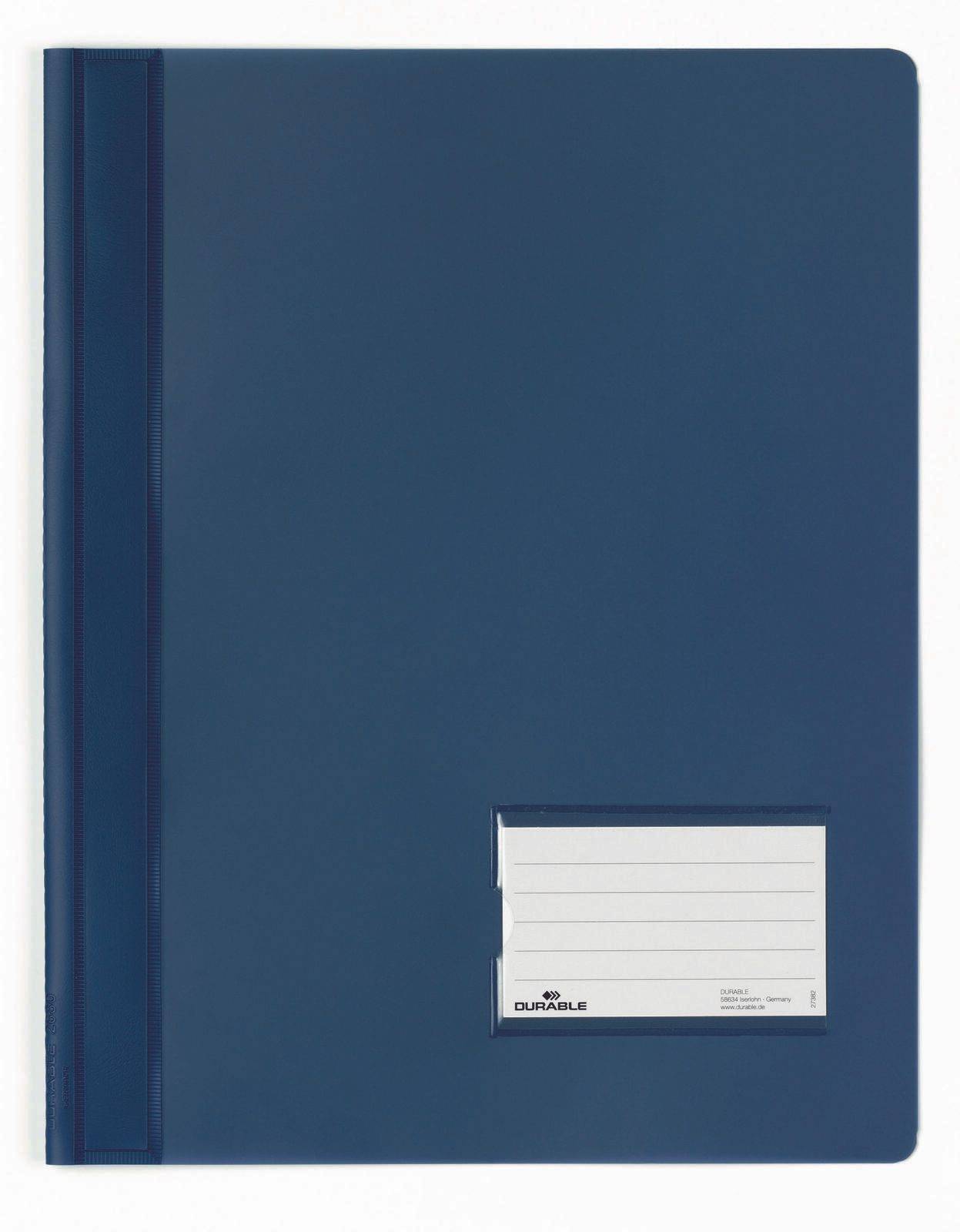 Blauer Hardcover-Ordner mit durchsichtigem Etikettenhalter auf der unteren Vorderseite und weißer Rückenakzent.