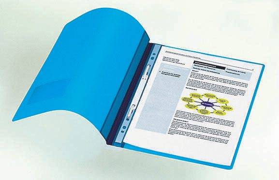 Blauer Ordner, geöffnet auf einer Dokumentseite mit Text und einem kleinen kreisförmigen Diagramm oder Schaubild.