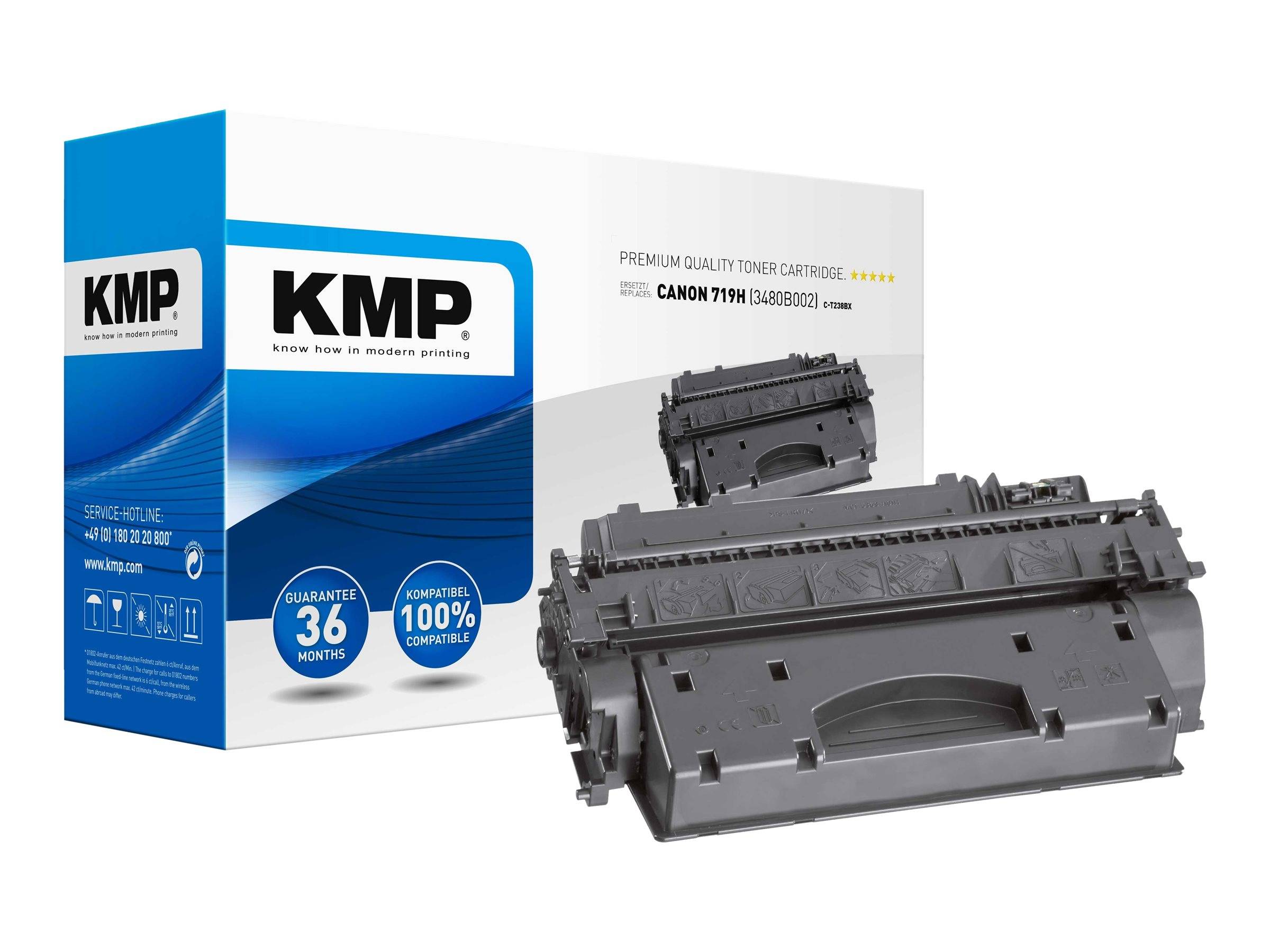KMP Canon 719H kompatible Tonerkartusche abgebildet mit ihrer blau-weiß gestreiften Einzelhandelsverpackung.