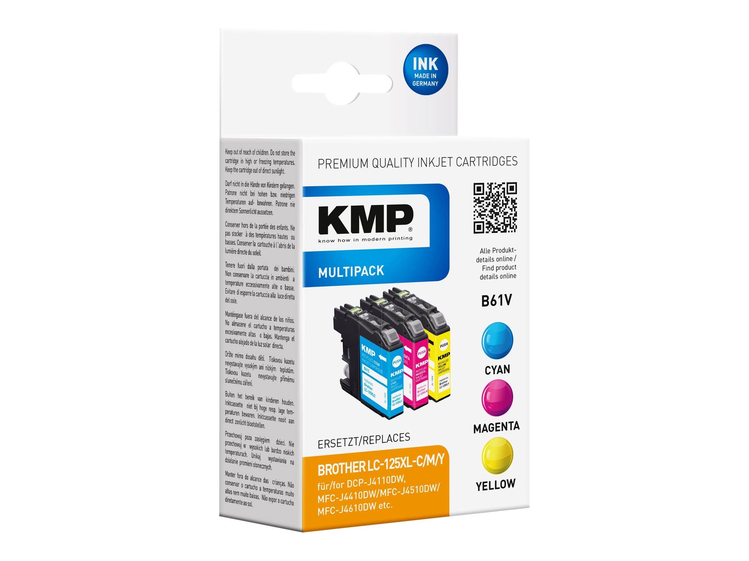 KMP Multipack Tintenpatronenbox für Brother-Drucker, gekennzeichnet mit Cyan, Magenta und Gelb, mit QR-Code und Text 