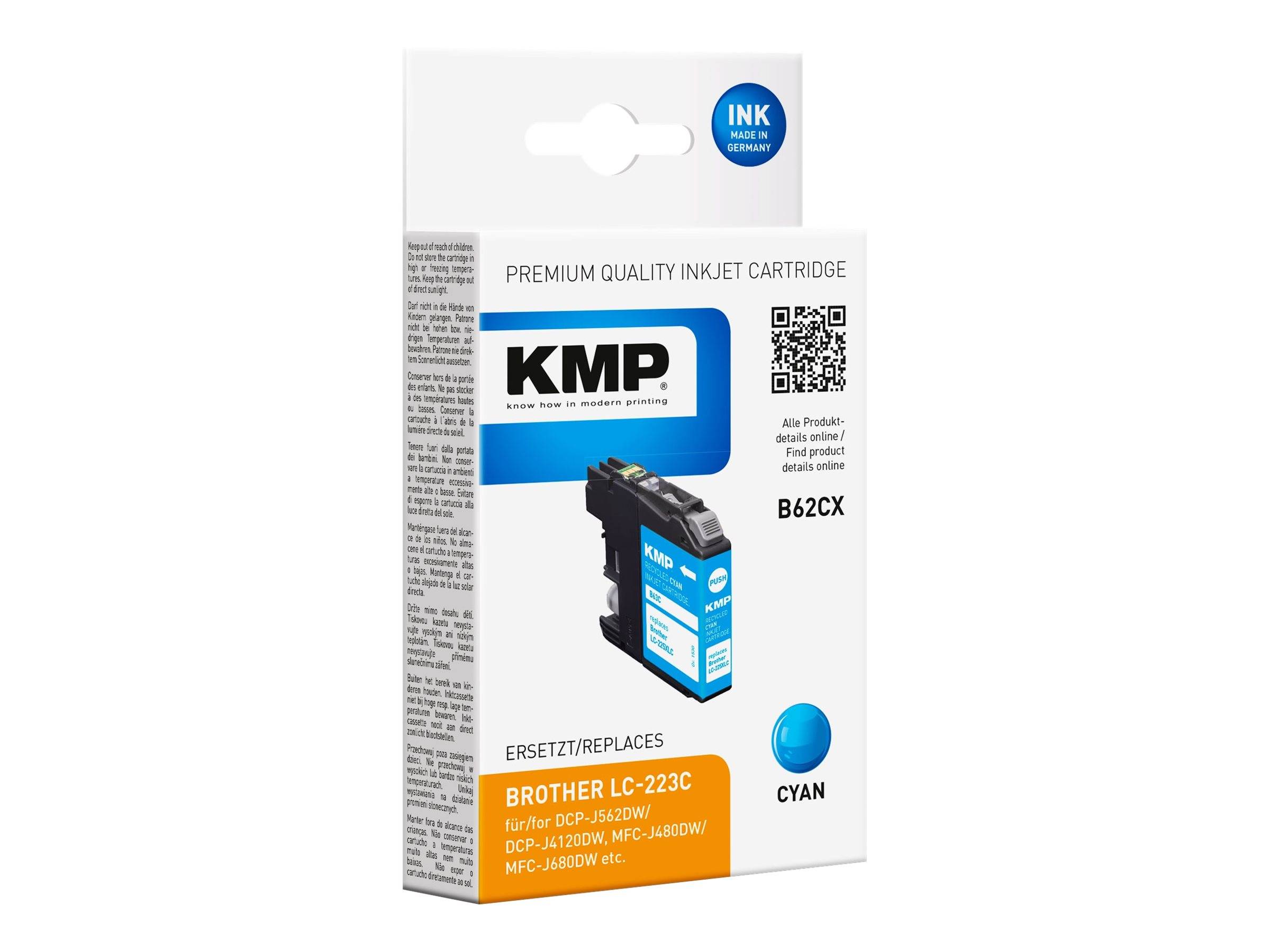 KMP Premium Tintenpatrone für Brother LC-223C, Cyan, mit Produktabbildung und QR-Code.