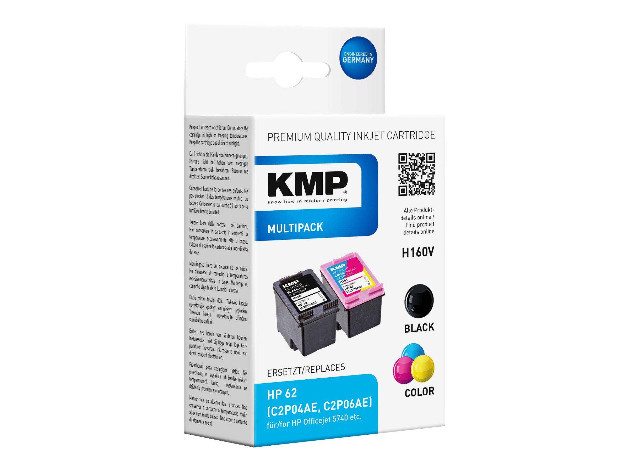 KMP Premium-Qualität Tintenstrahl-Patronen-Multipack-Box für HP 62 Ersatzpatronen, zeigt schwarze und farbige Tintenpatronen sowie einen QR-Code.
